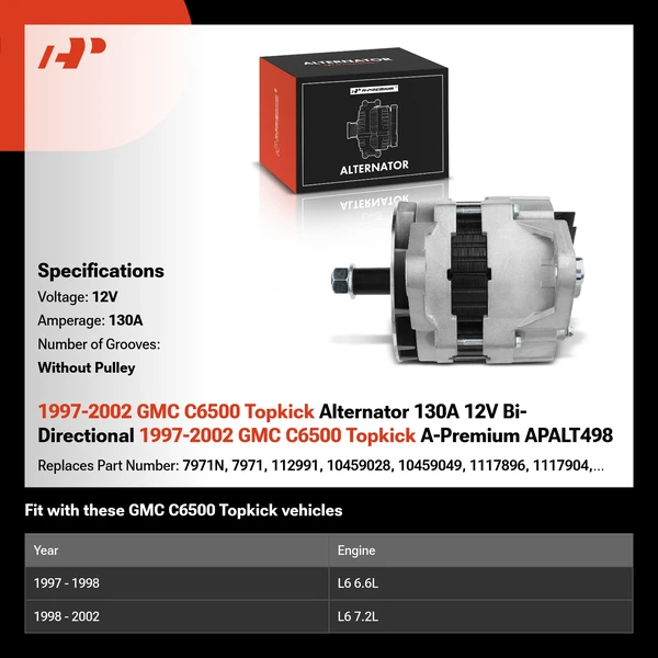 1997-2002 GMC C6500 Topkick Alternator 130A 12V Bi-Directional 1997-2002 GMC C6500 Topkick A-Premium APALT498