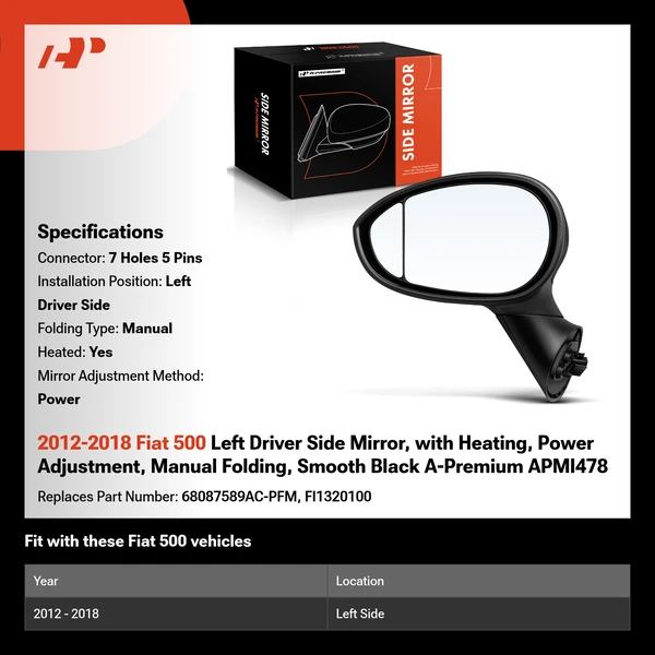 2012-2018 Fiat 500 Left Driver Side Mirror, with Heating, Power Adjustment, Manual Folding, Smooth Black A-Premium APMI478