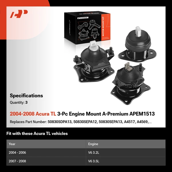 2004-2008 Acura TL 3-Pc Engine Mount A-Premium APEM1513