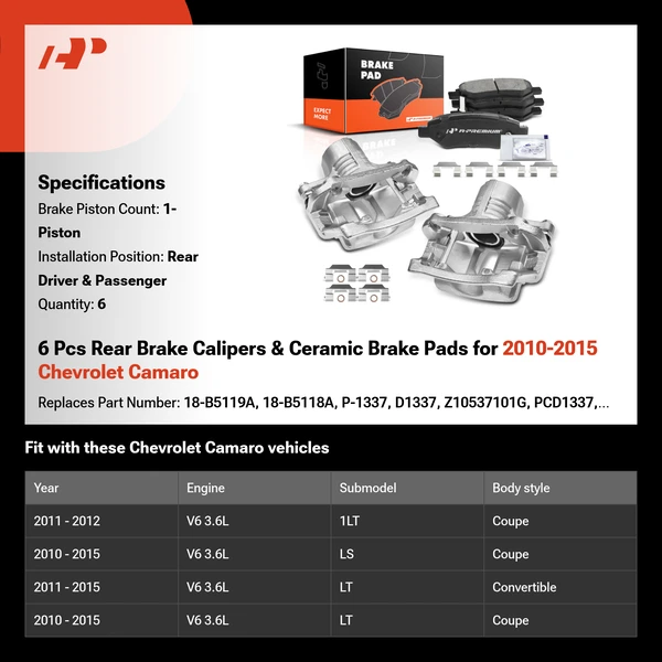 6 Pcs Rear Brake Calipers & Ceramic Brake Pads for 2010-2015 Chevrolet Camaro