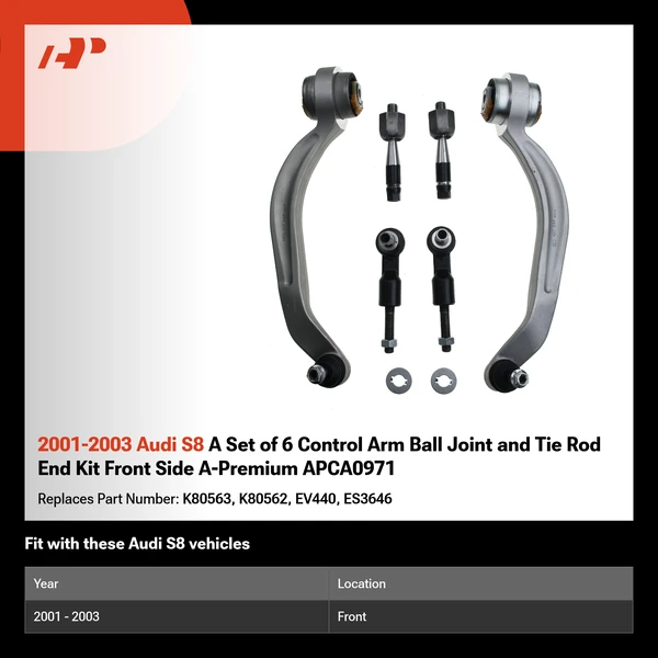 2001-2003 Audi S8 A Set of 6 Control Arm Ball Joint and Tie Rod End Kit Front Side A-Premium APCA0971
