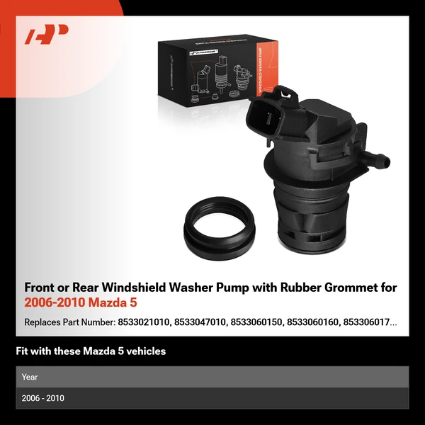 Front or Rear Windshield Washer Pump with Rubber Grommet for 2006-2010 Mazda 5