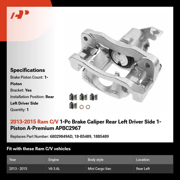 2013-2015 Ram C/V 1-Pc Brake Caliper Rear Left Driver Side 1-Piston A-Premium APBC2967