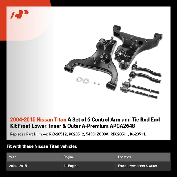 2004-2015 Nissan Titan A Set of 6 Control Arm and Tie Rod End Kit Front Lower, Inner & Outer A-Premium APCA2648