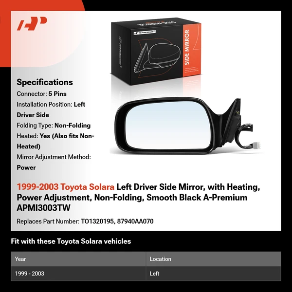 1999-2003 Toyota Solara Left Driver Side Mirror, with Heating, Power Adjustment, Non-Folding, Smooth Black A-Premium APMI3003TW