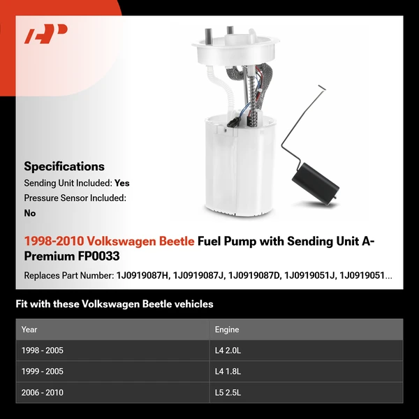 1998-2010 Volkswagen Beetle Fuel Pump with Sending Unit A-Premium FP0033