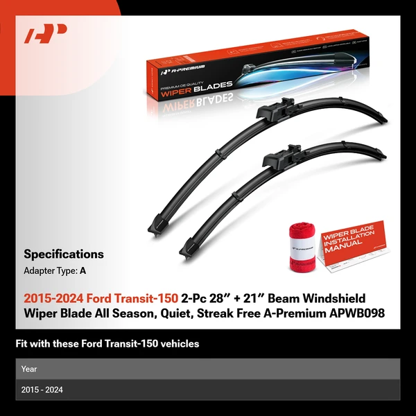 2015-2024 Ford Transit-150 2-Pc 28″ + 21″ Beam Windshield Wiper Blade All Season, Quiet, Streak Free A-Premium APWB098