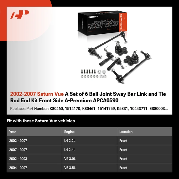 2002-2007 Saturn Vue A Set of 6 Ball Joint Sway Bar Link and Tie Rod End Kit Front Side A-Premium APCA0590