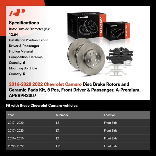 2016-2020 2022 Chevrolet Camaro Disc Brake Rotors and Ceramic Pads Kit, 6 Pcs, Front Driver & Passenger, A-Premium, APBRPR2007