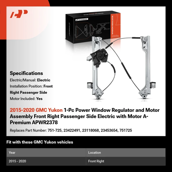 2015-2020 GMC Yukon 1-Pc Power Window Regulator and Motor Assembly Front Right Passenger Side Electric with Motor A-Premium APWR2378