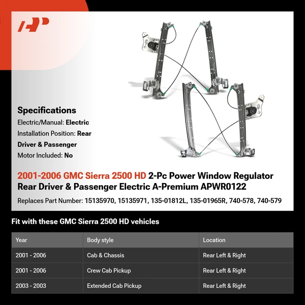 2001-2006 GMC Sierra 2500 HD 2-Pc Power Window Regulator Rear Driver & Passenger Electric A-Premium APWR0122