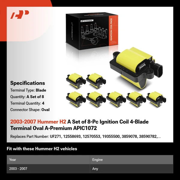 2003-2007 Hummer H2 A Set of 8-Pc Ignition Coil 4-Blade Terminal Oval A-Premium APIC1072