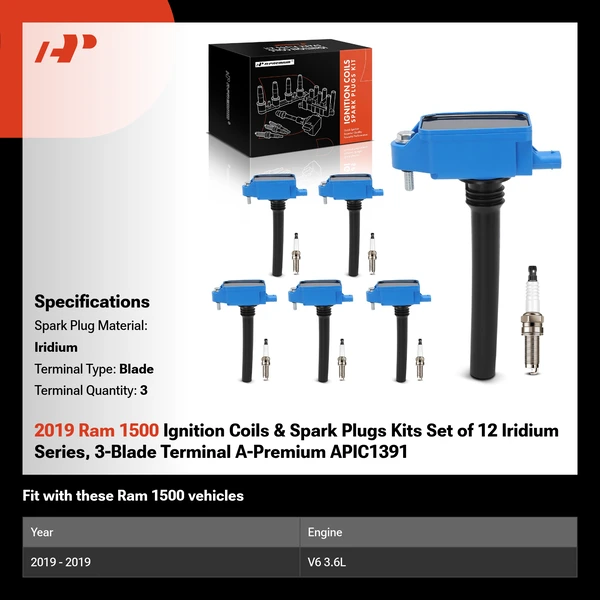 2019 Ram 1500 Ignition Coils & Spark Plugs Kits Set of 12 Iridium Series, 3-Blade Terminal A-Premium APIC1391