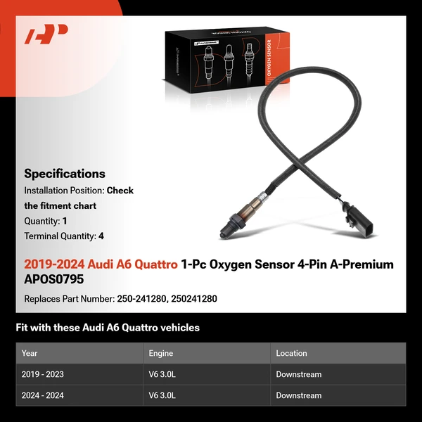 2019-2024 Audi A6 Quattro 1-Pc Oxygen Sensor 4-Pin A-Premium APOS0795