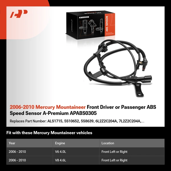 2006-2010 Mercury Mountaineer Front Driver or Passenger ABS Speed Sensor A-Premium APABS0305