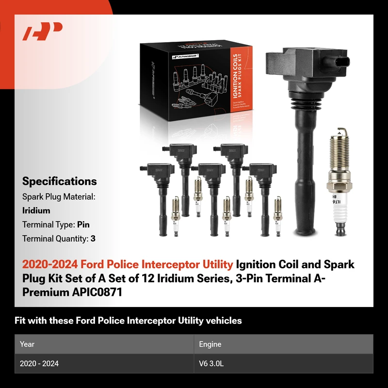 2020-2024 Ford Police Interceptor Utility Ignition Coil and Spark Plug Kit Set of A Set of 12 Iridium Series, 3-Pin Terminal A-Premium APIC0871