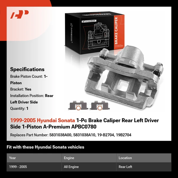 1999-2005 Hyundai Sonata 1-Pc Brake Caliper Rear Left Driver Side 1-Piston A-Premium APBC0780