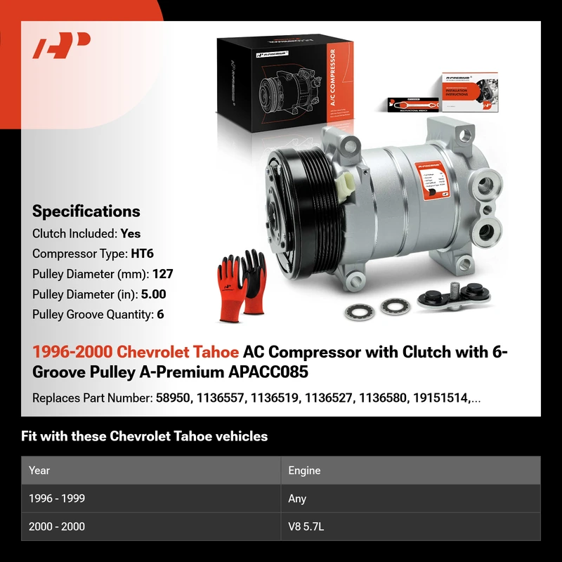 1996-2000 Chevrolet Tahoe AC Compressor with Clutch with 6-Groove Pulley A-Premium APACC085