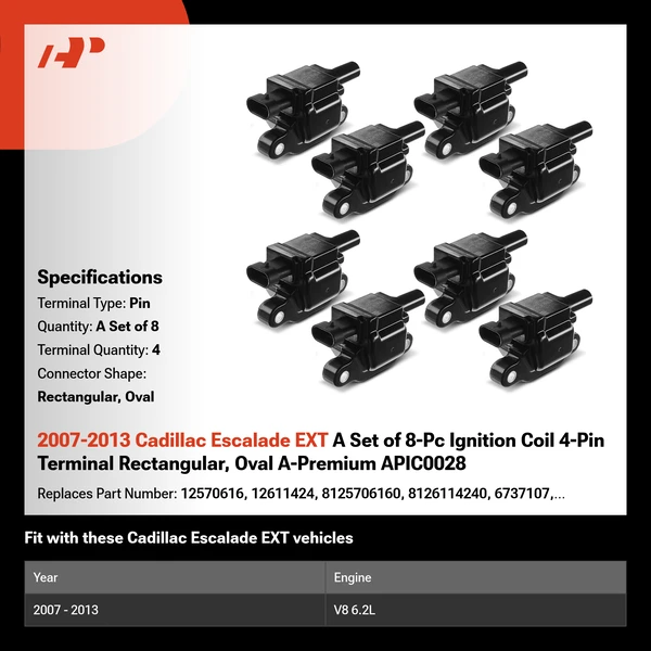 2007-2013 Cadillac Escalade EXT A Set of 8-Pc Ignition Coil 4-Pin Terminal Rectangular, Oval A-Premium APIC0028