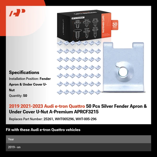 2019 2021-2023 Audi e-tron Quattro 50 Pcs Silver Fender Apron & Under Cover U-Nut A-Premium APRCF3215