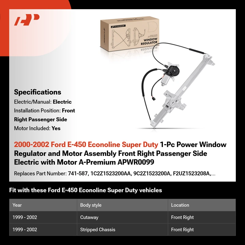 2000-2002 Ford E-450 Econoline Super Duty 1-Pc Power Window Regulator and Motor Assembly Front Right Passenger Side Electric with Motor A-Premium APWR0099