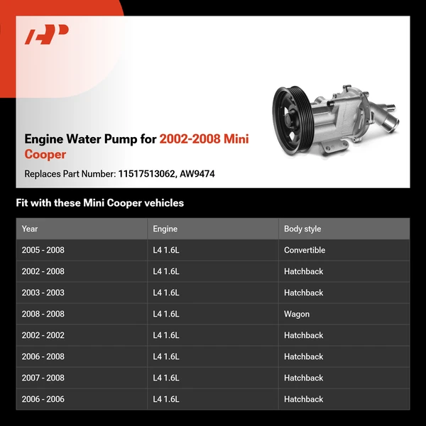 Engine Water Pump for 2002-2008 Mini Cooper