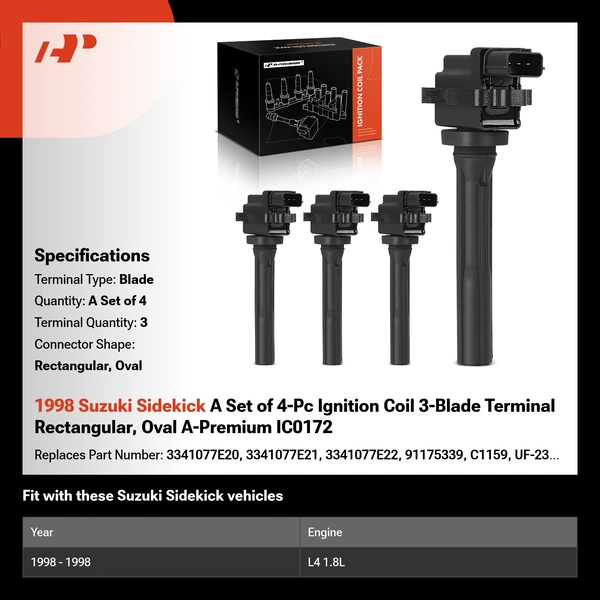 1998 Suzuki Sidekick A Set of 4-Pc Ignition Coil 3-Blade Terminal Rectangular, Oval A-Premium IC0172