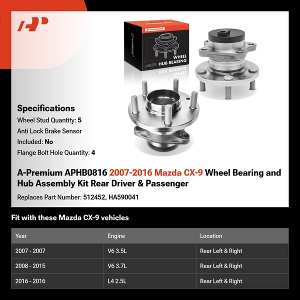 A-Premium APHB0816 2007-2016 Mazda CX-9 Wheel Bearing and Hub Assembly Kit Rear Driver & Passenger