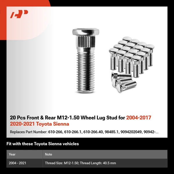 20 Pcs Front & Rear M12-1.50 Wheel Lug Stud for 2004-2017 2020-2021 Toyota Sienna