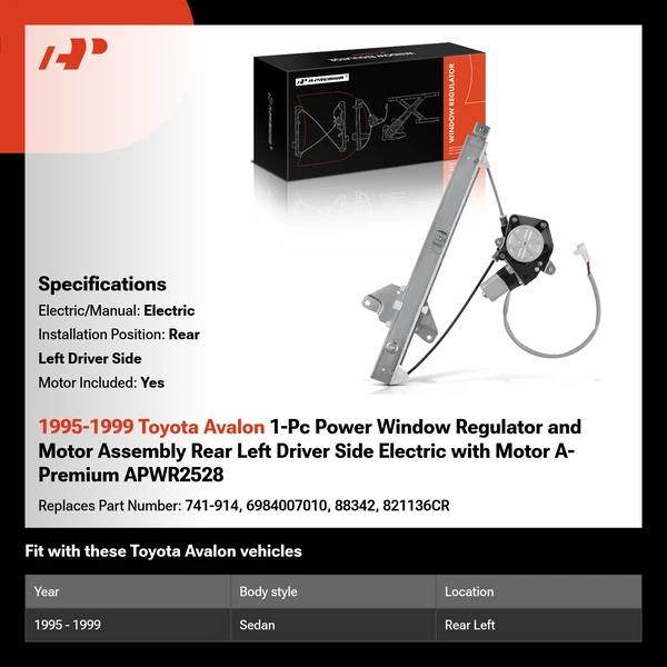 1995-1999 Toyota Avalon 1-Pc Power Window Regulator and Motor Assembly Rear Left Driver Side Electric with Motor A-Premium APWR2528