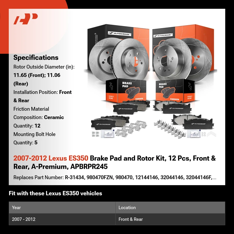 2007-2012 Lexus ES350 Brake Pad and Rotor Kit, 12 Pcs, Front & Rear, A-Premium, APBRPR245