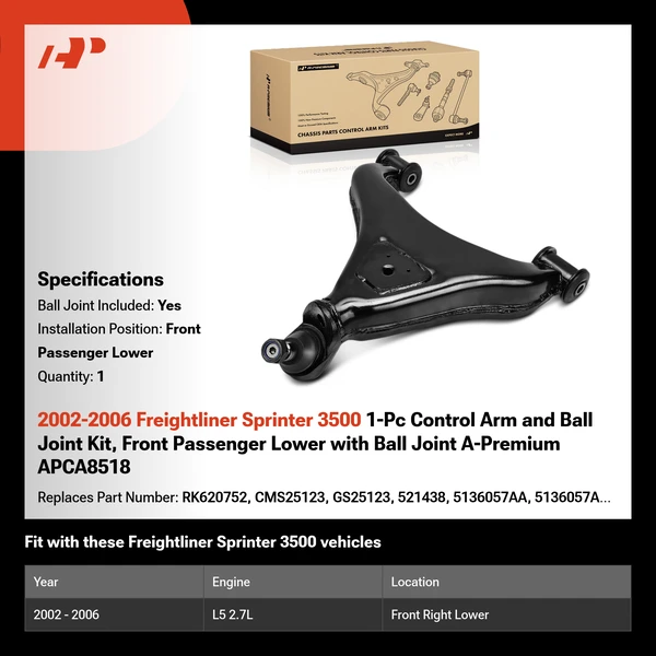 2002-2006 Freightliner Sprinter 3500 1-Pc Control Arm and Ball Joint Kit, Front Passenger Lower with Ball Joint A-Premium APCA8518