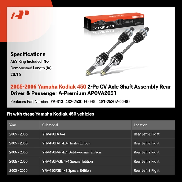 2005-2006 Yamaha Kodiak 450 2-Pc CV Axle Shaft Assembly Rear Driver & Passenger A-Premium APCVA2051