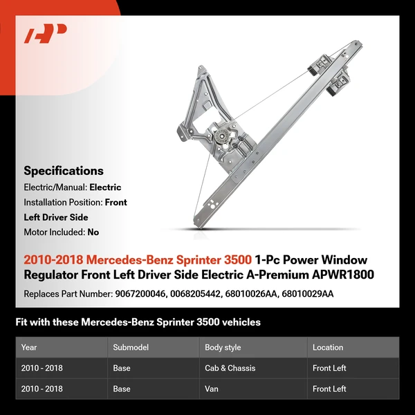 2010-2018 Mercedes-Benz Sprinter 3500 1-Pc Power Window Regulator Front Left Driver Side Electric A-Premium APWR1800