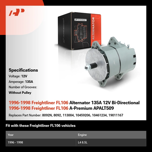1996-1998 Freightliner FL106 Alternator 135A 12V Bi-Directional 1996-1998 Freightliner FL106 A-Premium APALT509
