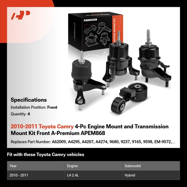 2010-2011 Toyota Camry 4-Pc Engine Mount and Transmission Mount Kit Front A-Premium APEM868