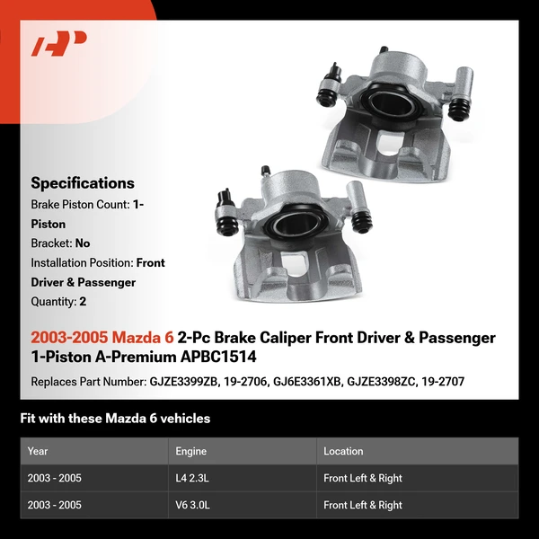 2003-2005 Mazda 6 2-Pc Brake Caliper Front Driver & Passenger 1-Piston A-Premium APBC1514
