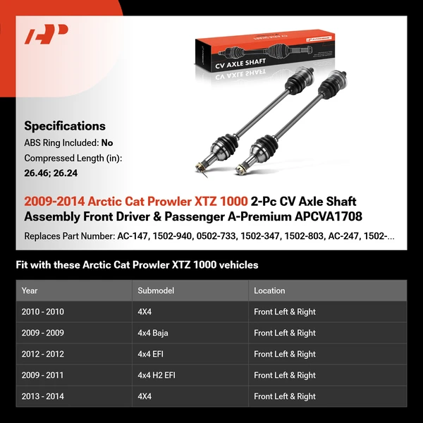 2009-2014 Arctic Cat Prowler XTZ 1000 2-Pc CV Axle Shaft Assembly Front Driver & Passenger A-Premium APCVA1708