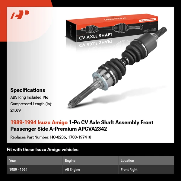 1989-1994 Isuzu Amigo 1-Pc CV Axle Shaft Assembly Front Passenger Side A-Premium APCVA2342