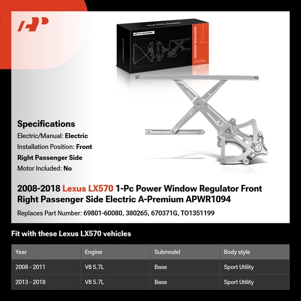 2008-2018 Lexus LX570 1-Pc Power Window Regulator Front Right Passenger Side Electric A-Premium APWR1094