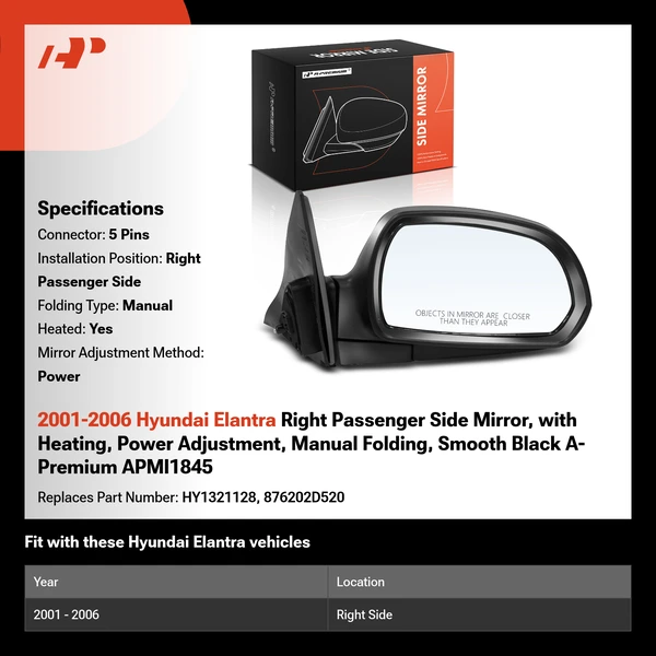 2001-2006 Hyundai Elantra Right Passenger Side Mirror, with Heating, Power Adjustment, Manual Folding, Smooth Black A-Premium APMI1845