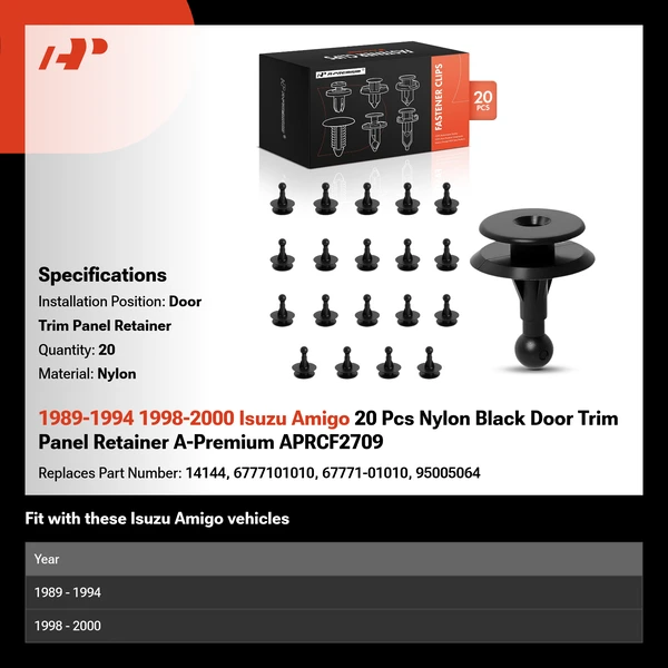 1989-1994 1998-2000 Isuzu Amigo 20 Pcs Nylon Black Door Trim Panel Retainer A-Premium APRCF2709