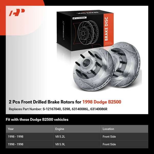 2 Pcs Front Drilled Brake Rotors for 1998 Dodge B2500