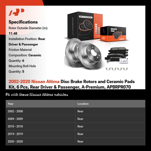 2002-2020 Nissan Altima Disc Brake Rotors and Ceramic Pads Kit, 6 Pcs, Rear Driver & Passenger, A-Premium, APBRPR070