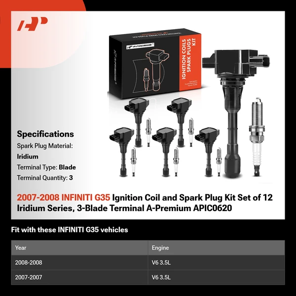 2007-2008 INFINITI G35 Ignition Coil and Spark Plug Kit Set of 12 Iridium Series, 3-Blade Terminal A-Premium APIC0620
