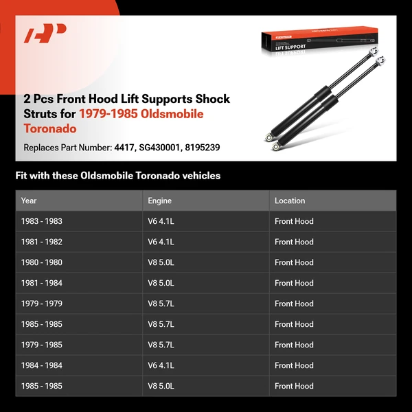 2 Pcs Front Hood Lift Supports Shock Struts for 1979-1985 Oldsmobile Toronado