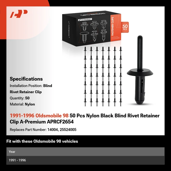 1991-1996 Oldsmobile 98 50 Pcs Nylon Black Blind Rivet Retainer Clip A-Premium APRCF2654