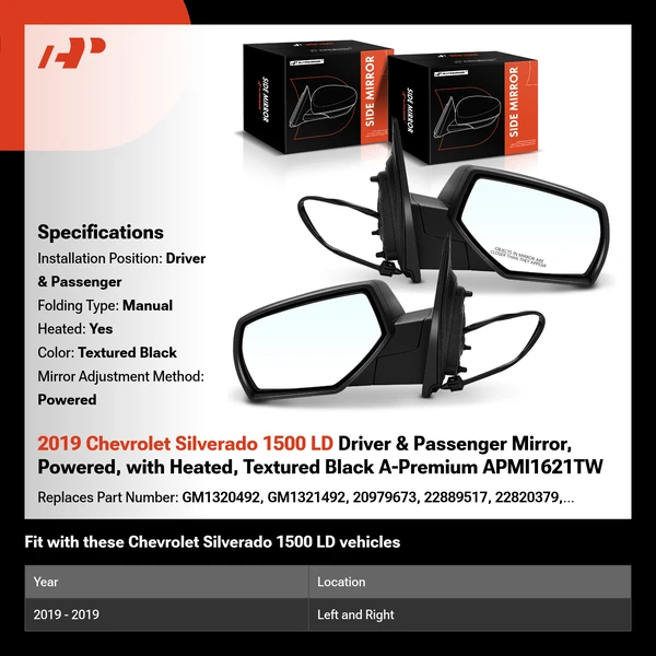 2019 Chevrolet Silverado 1500 LD Driver & Passenger Mirror, Powered, with Heated, Textured Black A-Premium APMI1621TW