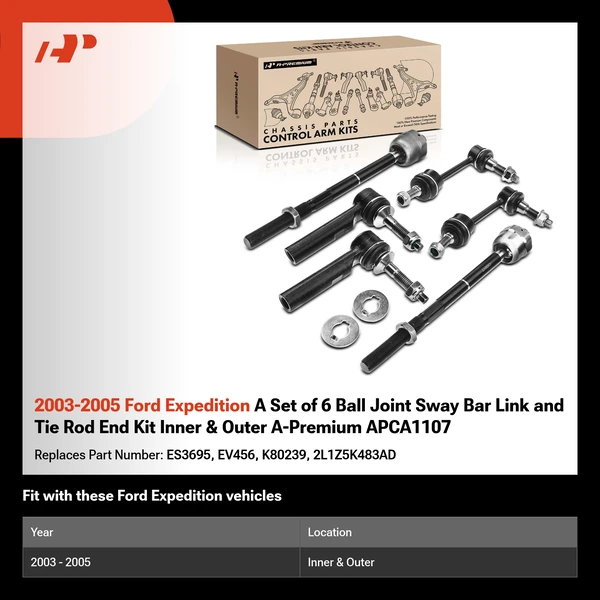 2003-2005 Ford Expedition A Set of 6 Ball Joint Sway Bar Link and Tie Rod End Kit Inner & Outer A-Premium APCA1107