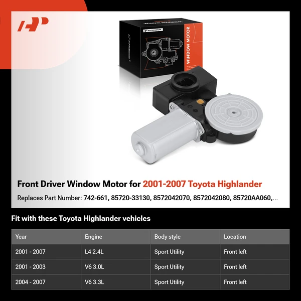 Front Driver Window Motor for 2001-2007 Toyota Highlander